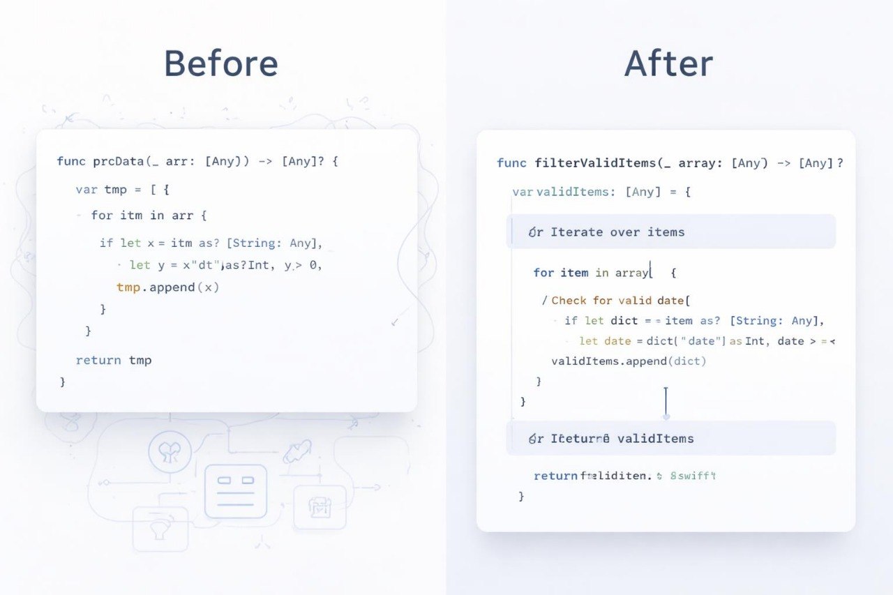 Before and after comparison of code refactoring on a white background