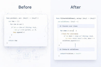 Before and after comparison of code refactoring on a white background