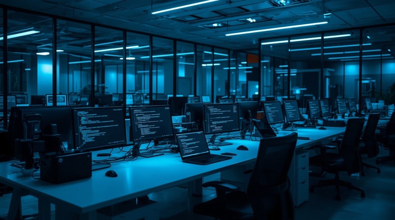 Dark office with multiple computer monitors on desks, illuminated by blue light.