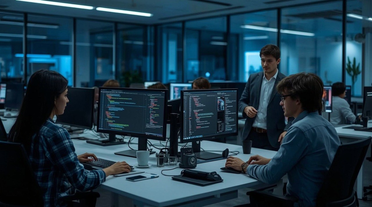 People working at computers in a dimly lit office