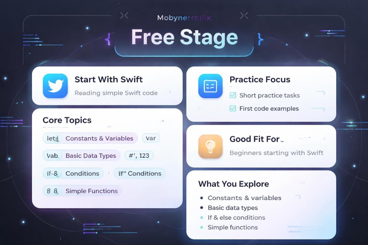 Mobyner free stage interface with Swift coding topics on a dark background