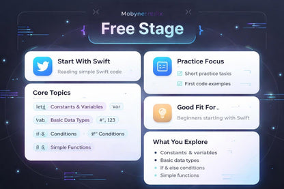 Mobyner free stage interface with Swift coding topics on a dark background