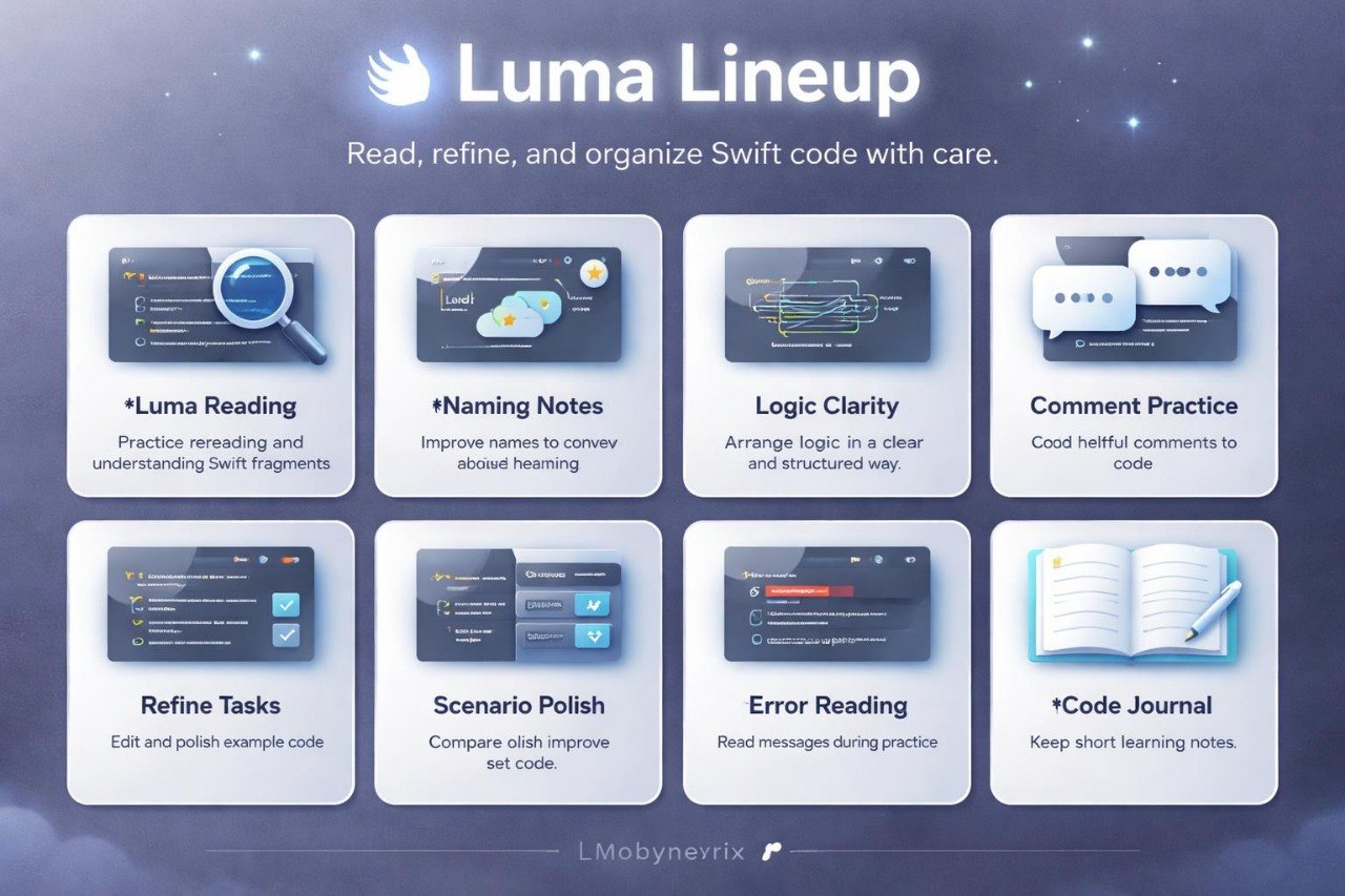 Luma Lineup software interface with various coding practices on a blue background