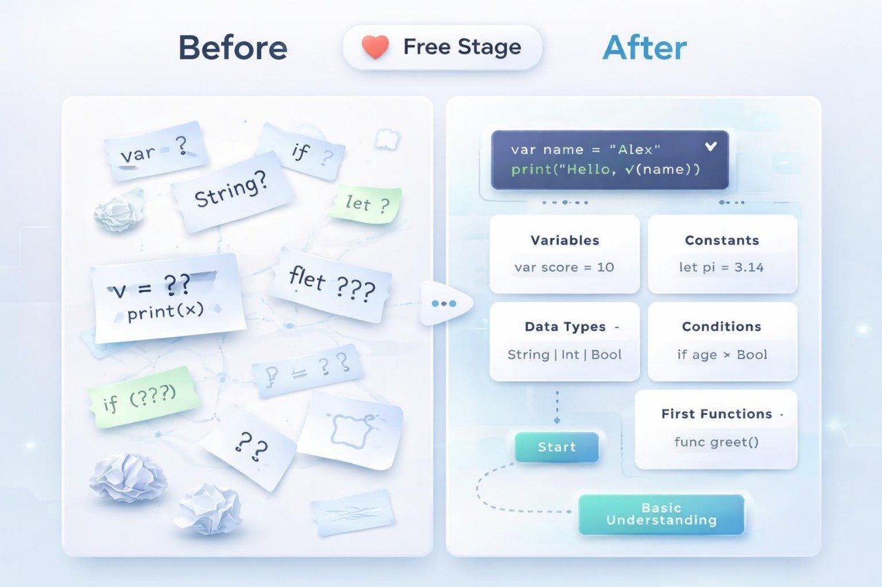 Comparison of educational programming concepts before and after a free stage, with text elements and variables displayed.