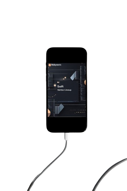 Smartphone with music app on screen displaying a playlist, connected to earbuds on a white background.