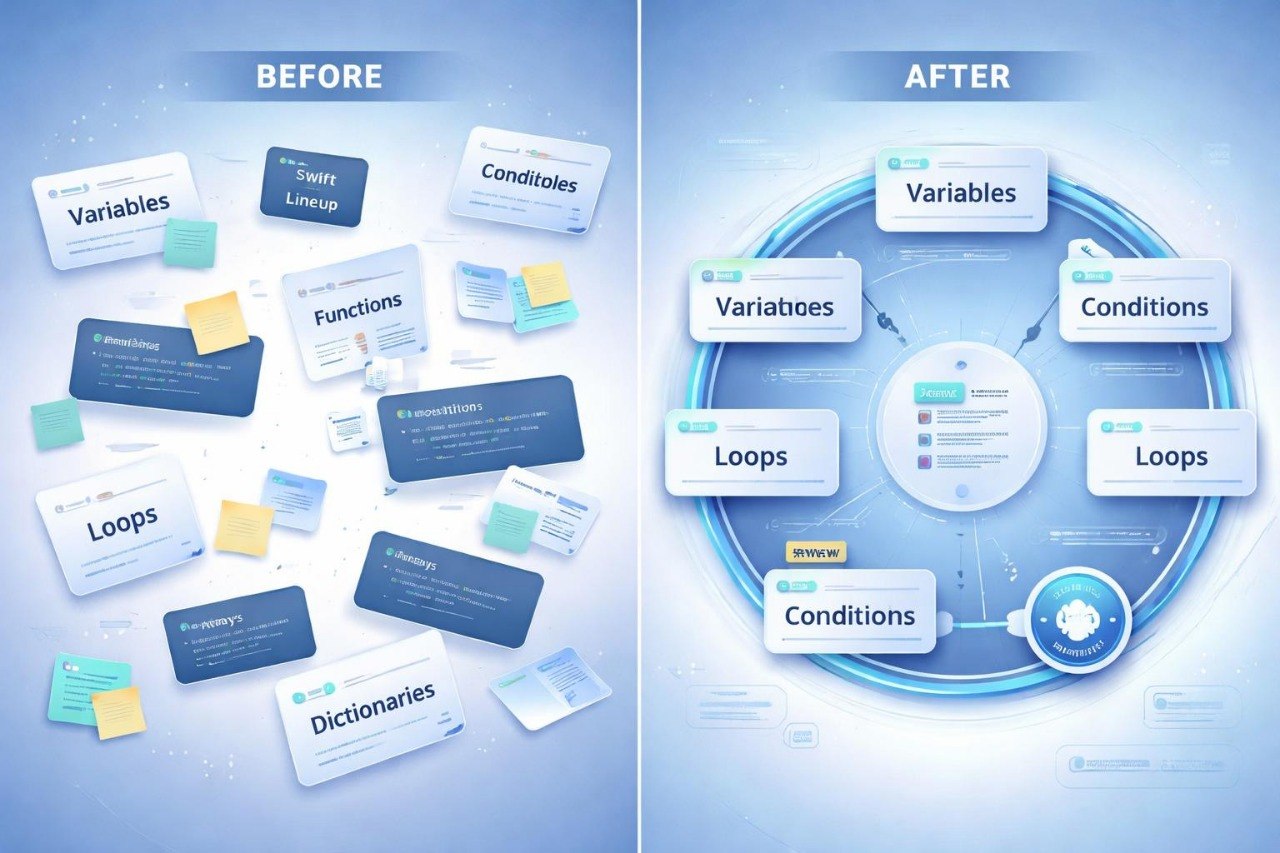 Before and after comparison of software development concepts on a blue background